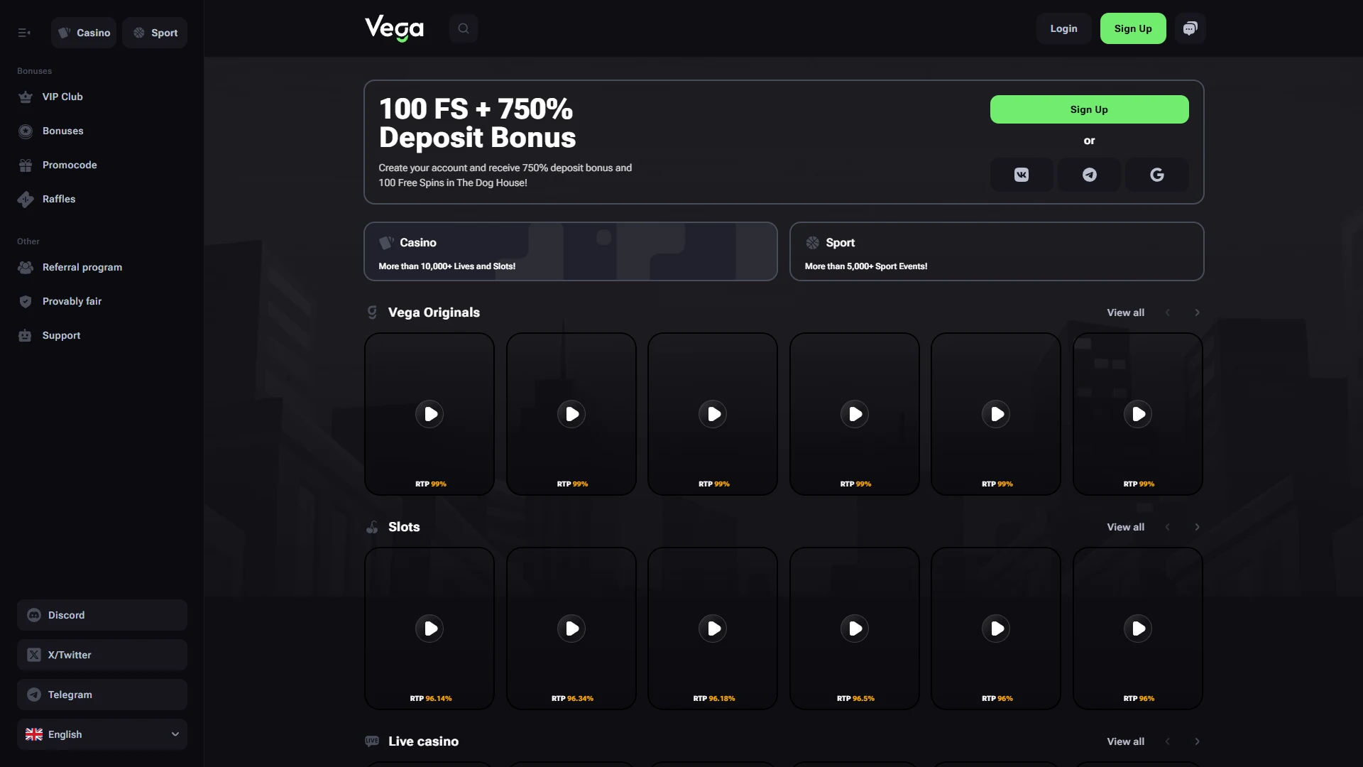 Vegabet casino lobby on desktop